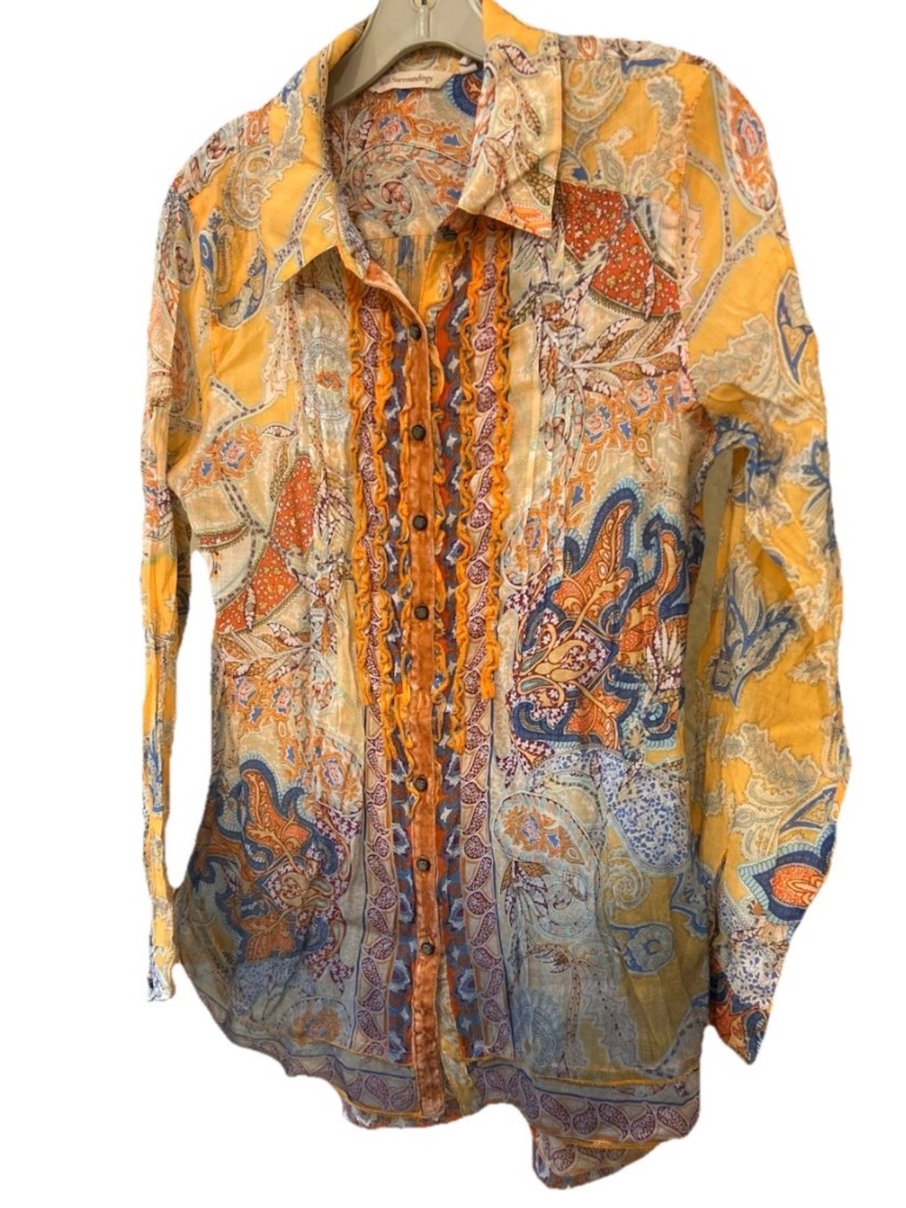 Soft Surroundings Ombre Paisley Boho Blouse Velvet Trim Button Front M - Picture 3 of 8